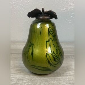 Vintage HandBlown Glass Green Swirl Pear Fruit W/Bronze Brass Stem W/Pontil Mark